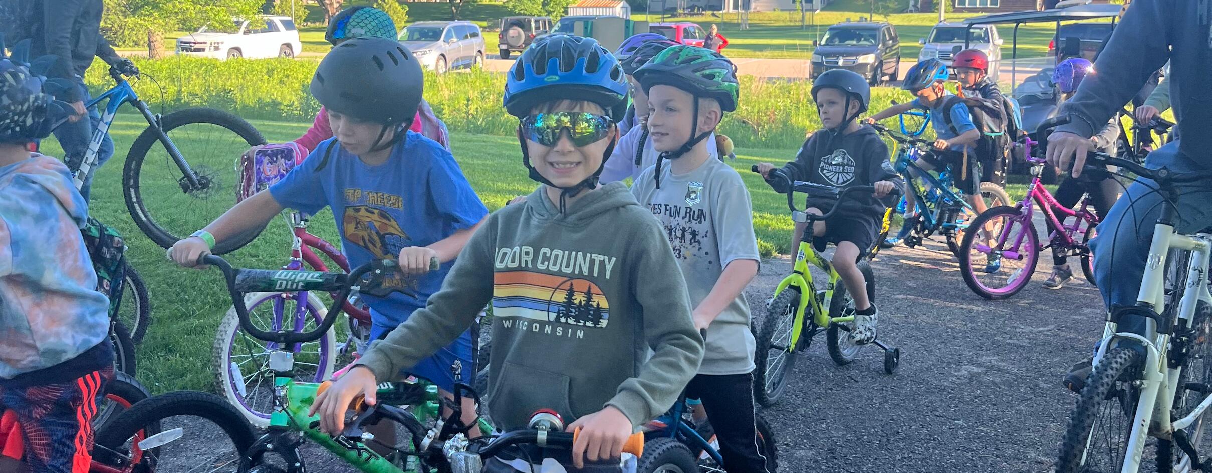 students riding bikes for ride your bike to school day